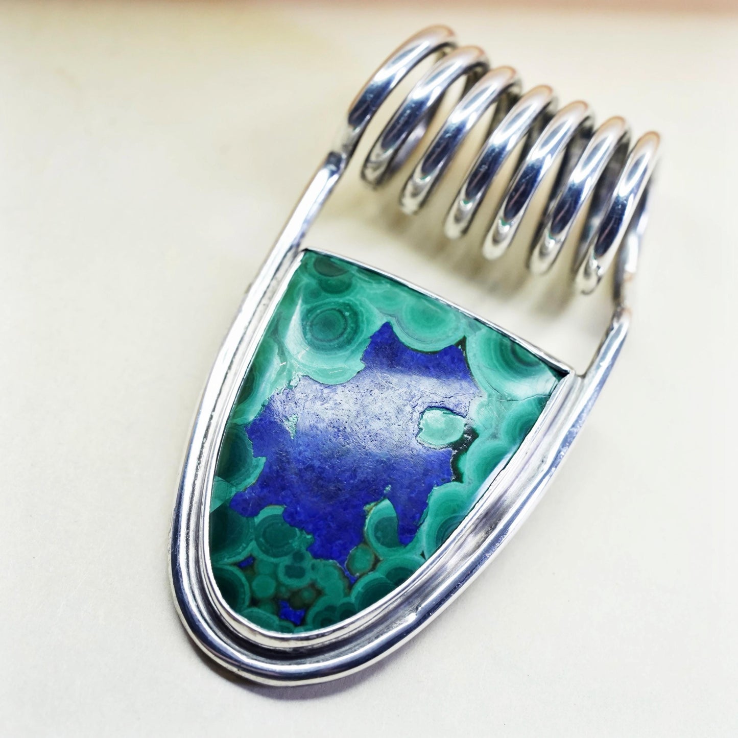Vintage sterling 925 silver handmade spring pendant w/ Azurmalachite malachite