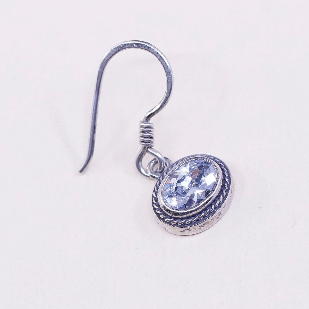 Vintage sterling silver handmade earrings, 925 silver with oval CZ, stamped 925