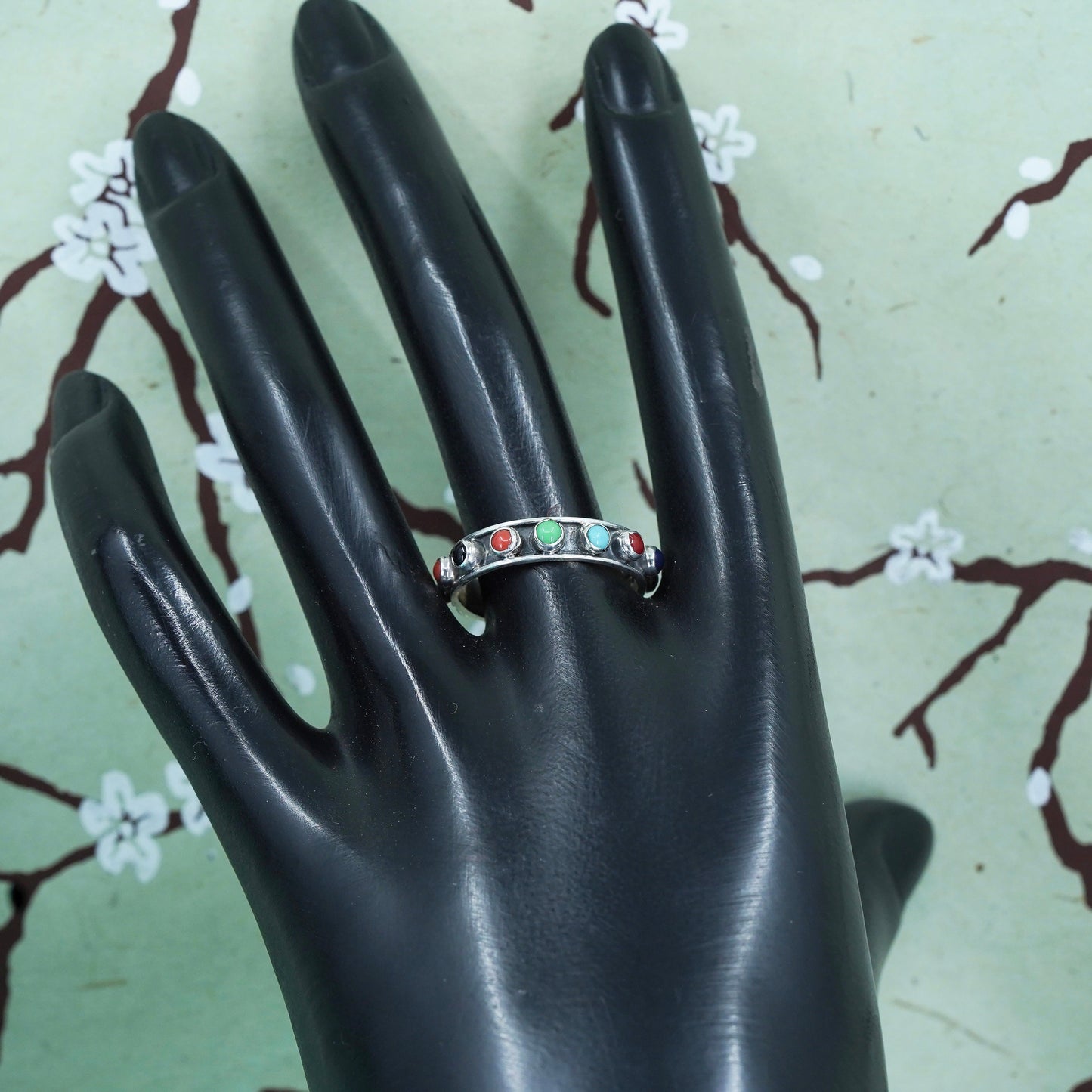 Size 9, Mexico sterling silver ring, southwestern 925 stackable band gemstones
