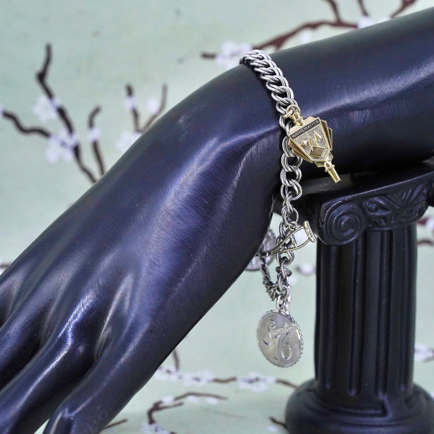 7", 7mm, Vintage sterling silver bracelet, 925 double curb chain with 5 charms