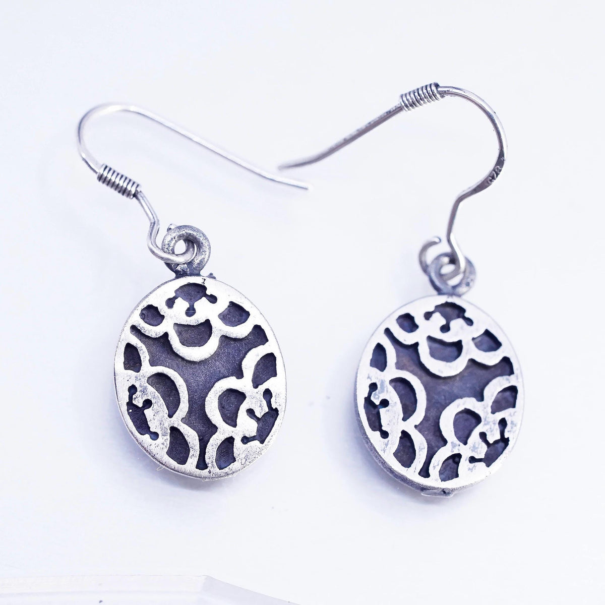 Sterling Silver Floral Cutout Dangle, Oxidized 925 Silver Drop Earrings, Flower