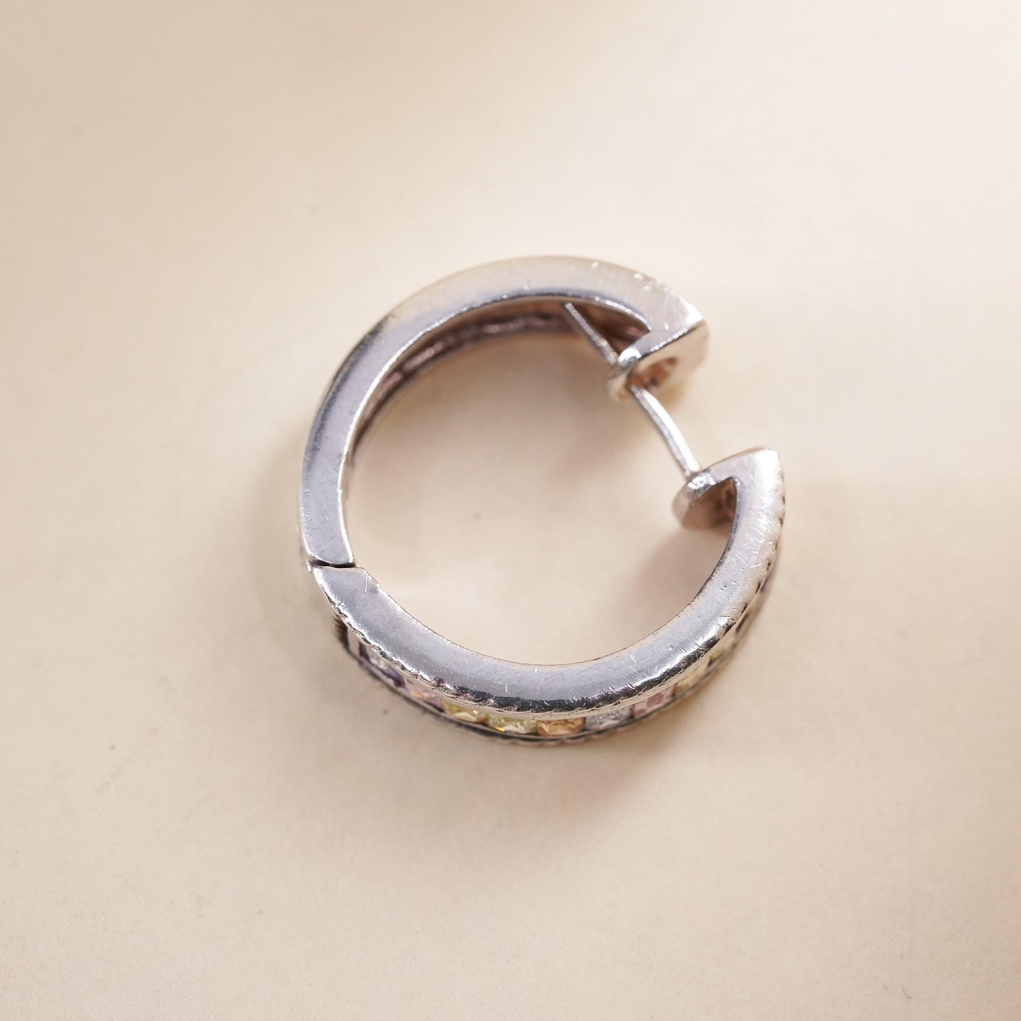0.75”, Vintage sterling silver single earring, 925 huggie hoop with pinkish Cz