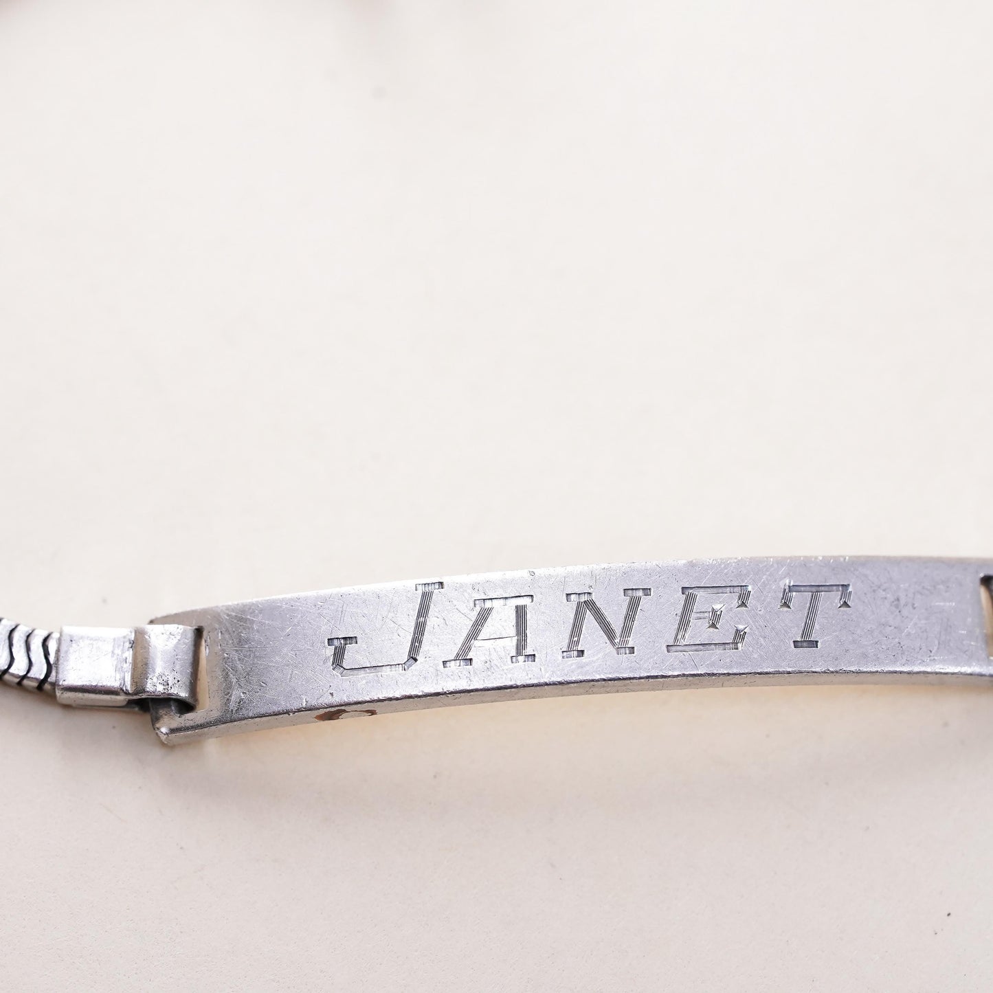 7.5", sterling silver bracelet, Italy 925 square snake chain name tag Janet