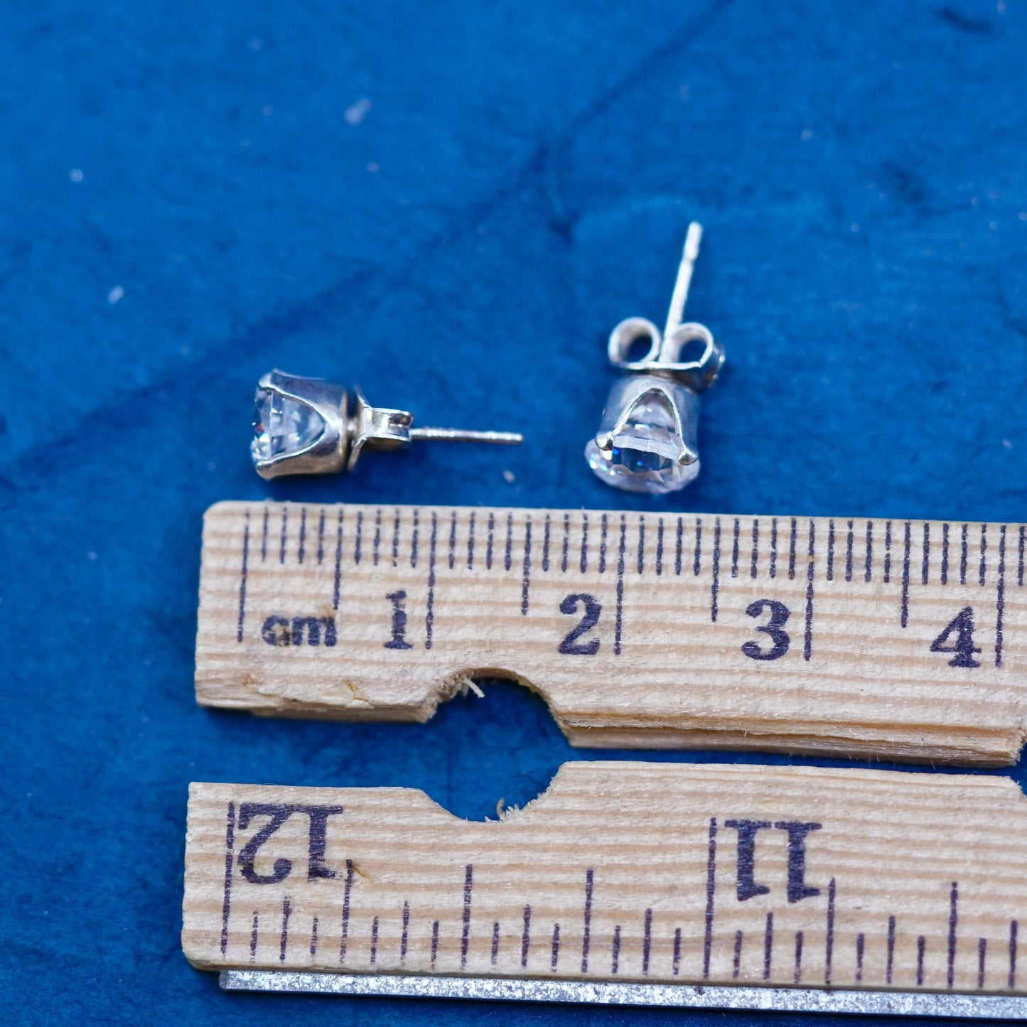 6mm, Vintage sterling silver handmade earrings, 925 studs with CZ inlay