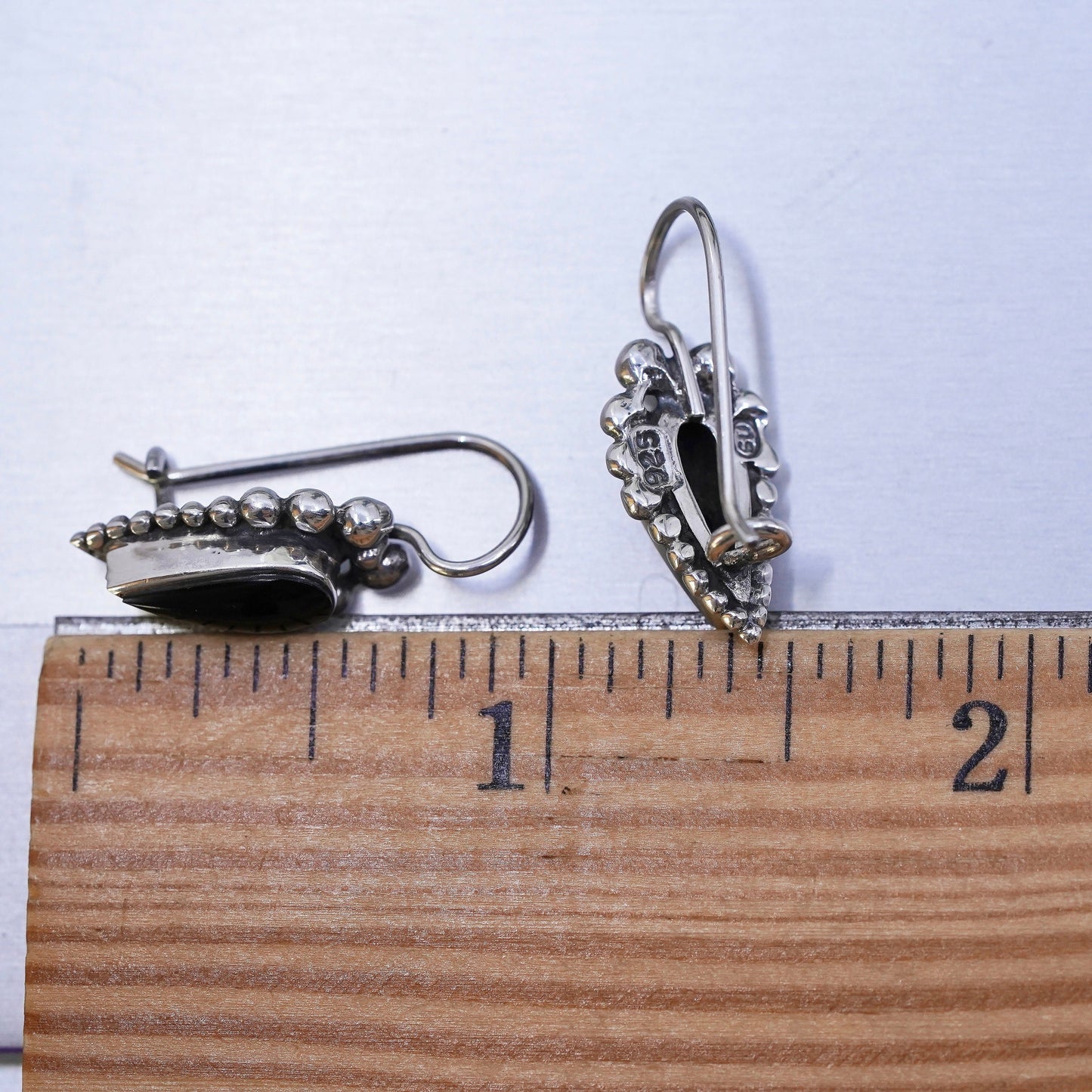 Vintage sterling 925 silver handmade earrings with teardrop onyx and beads