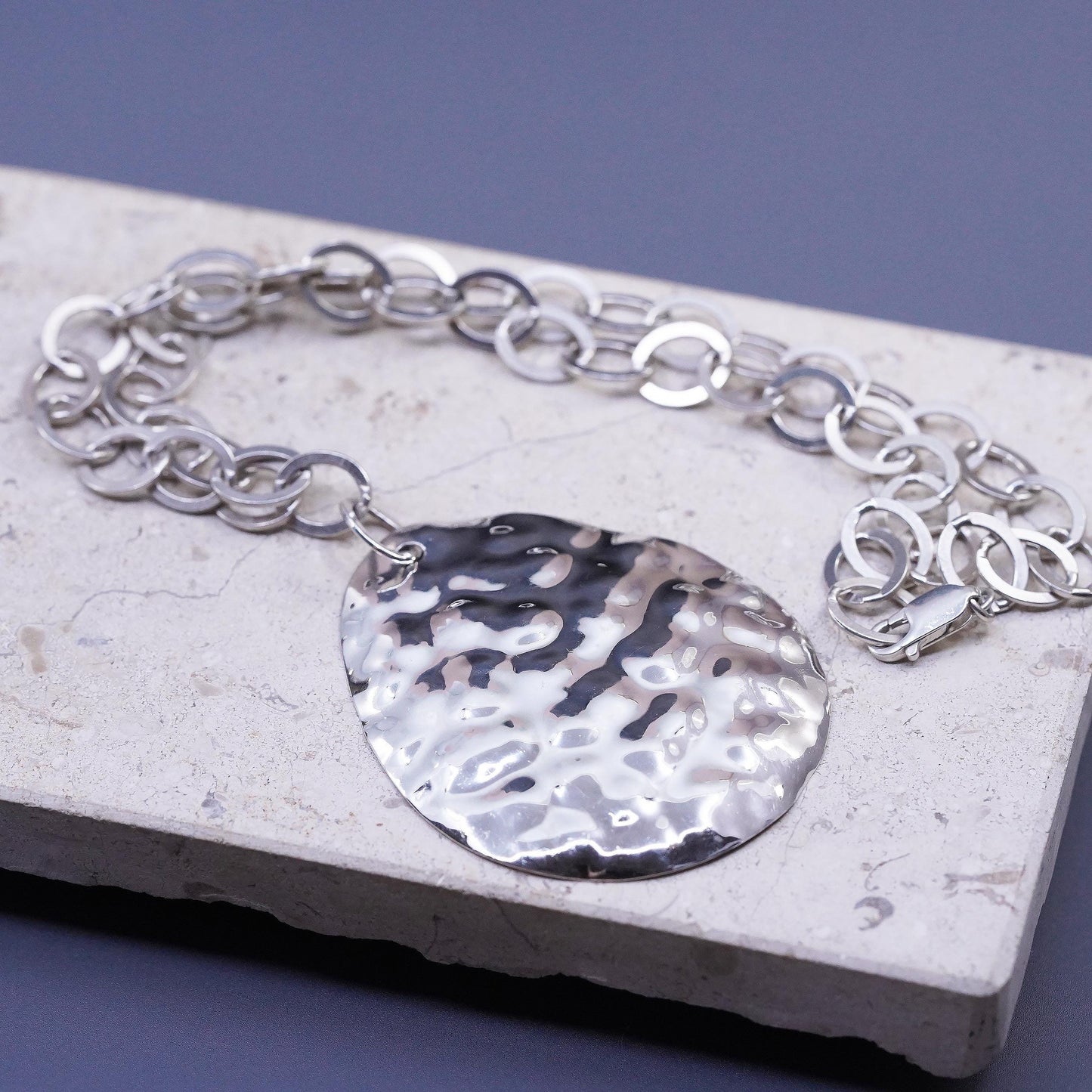 18", VTG sterling silver 925 necklace, textured teardrop pendant circle chain