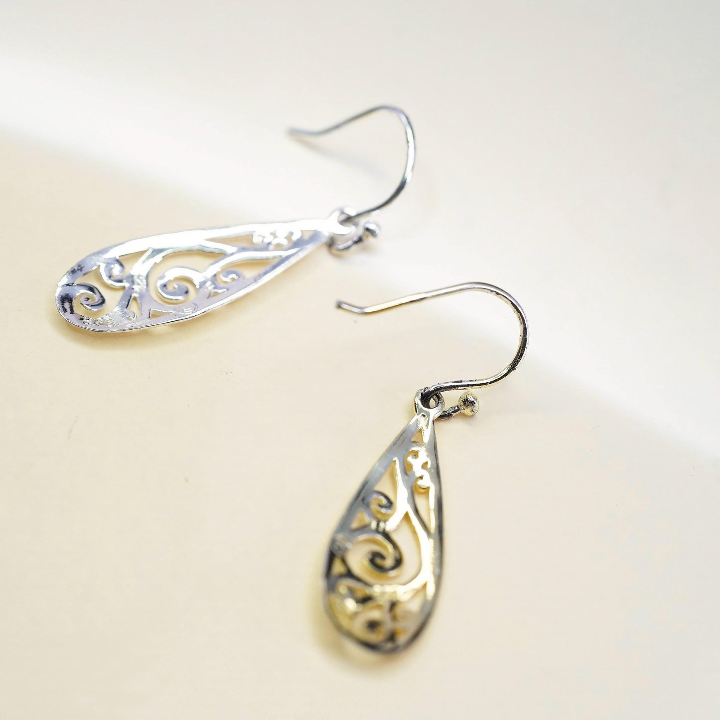 Vintage two tone sterling silver handmade earrings, 925 filigree teardrops