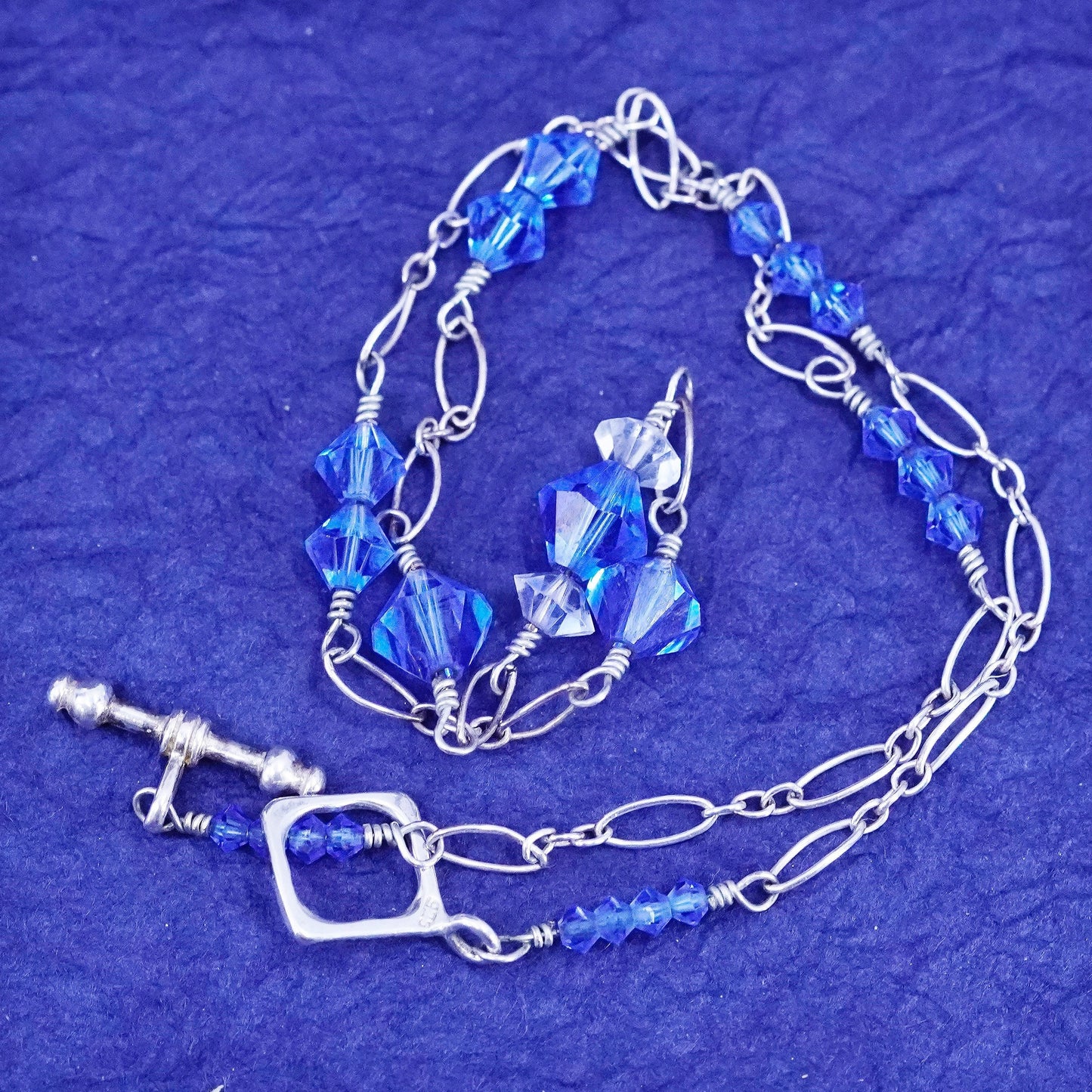 15”, vintage Sterling silver handmade necklace, 925 elongated chain w/ blue Cz