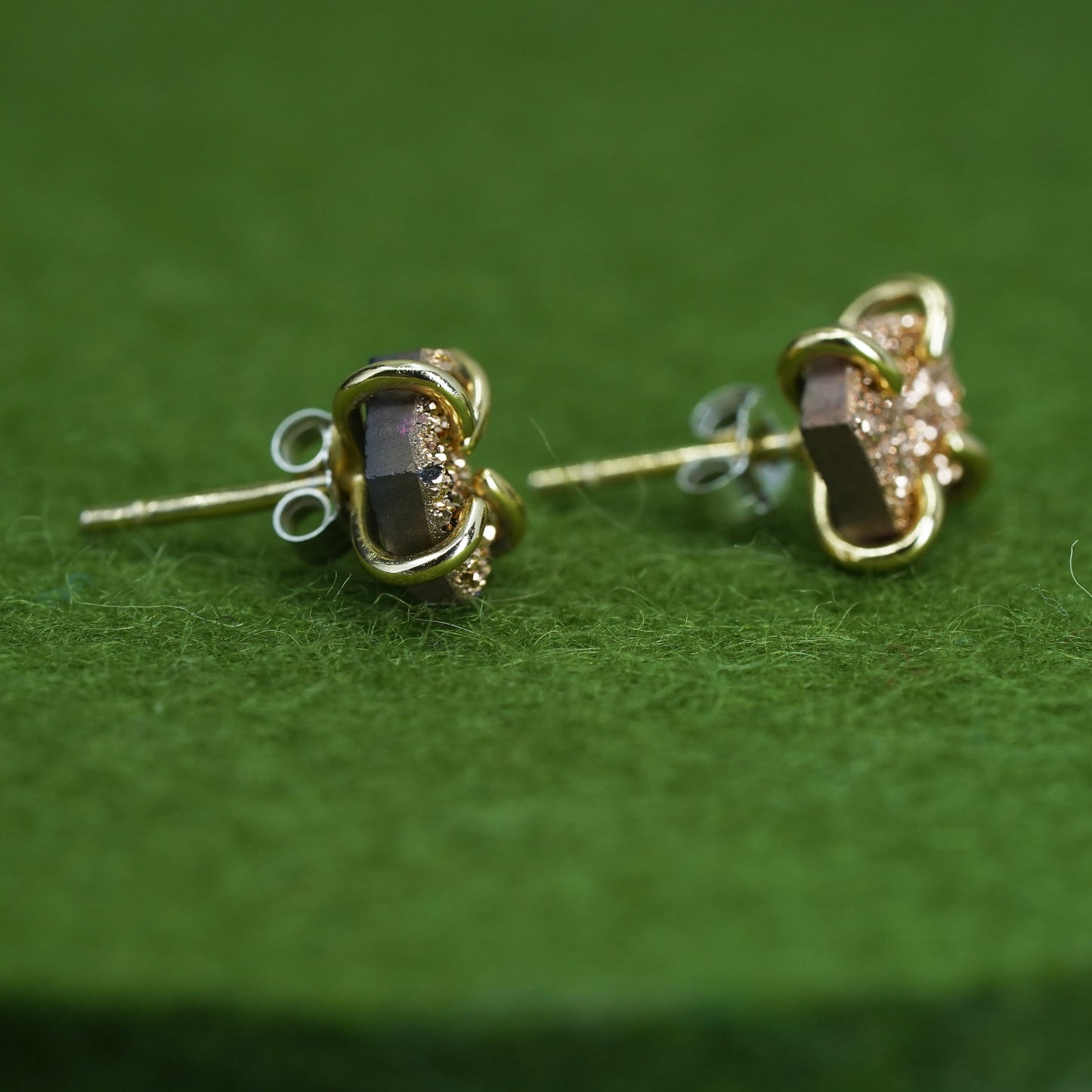 Vintage sterling 925 silver genuine golden druzy cz studs, earrings