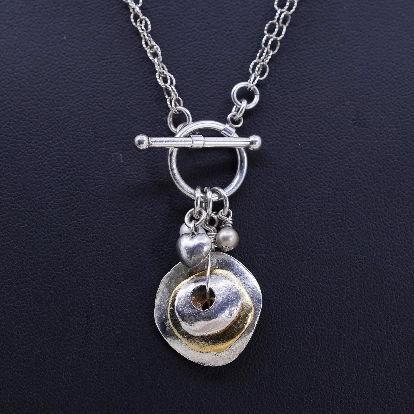 16", southwestern sterling silver double circle chain two tone discs pendant