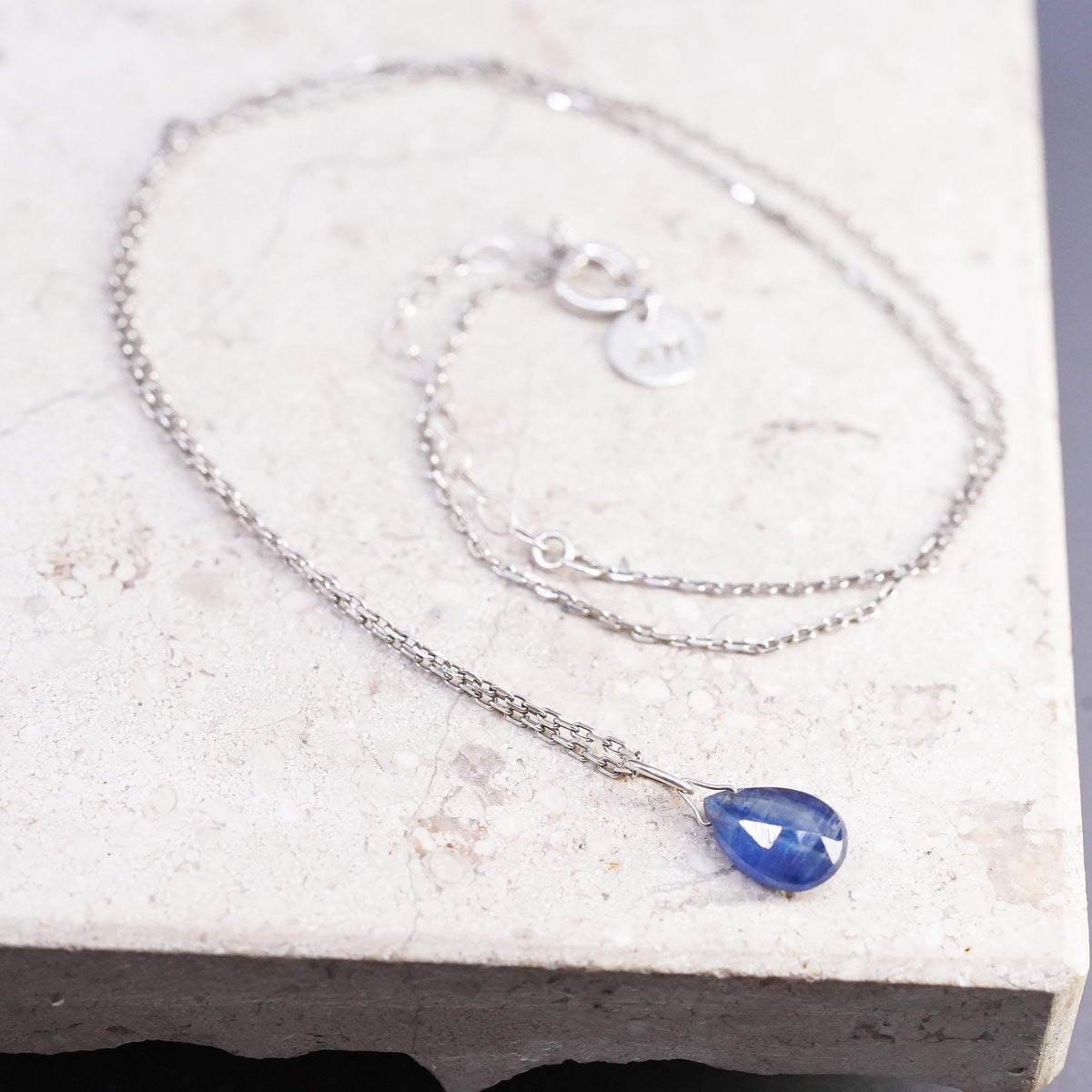 16+2”, Natural Blue Sapphire Faceted Teardrop Pendant Necklace Sterling Silver