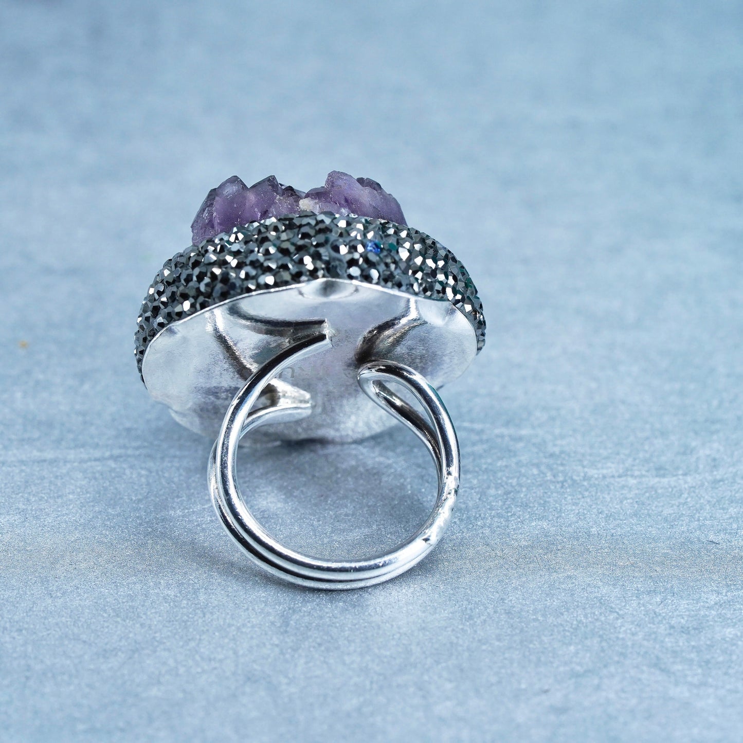Size 7, VTG Truva Sterling 925 silver handmade ring w/ druzy amethyst marcasite