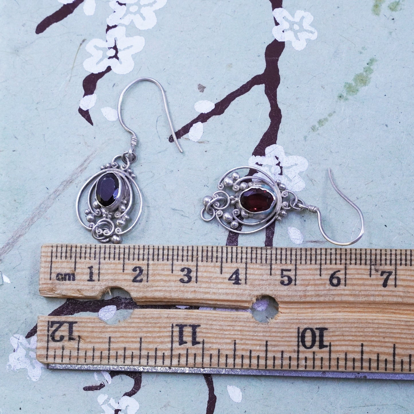 Vintage sterling 925 silver handmade earrings with ruby and bead dangles