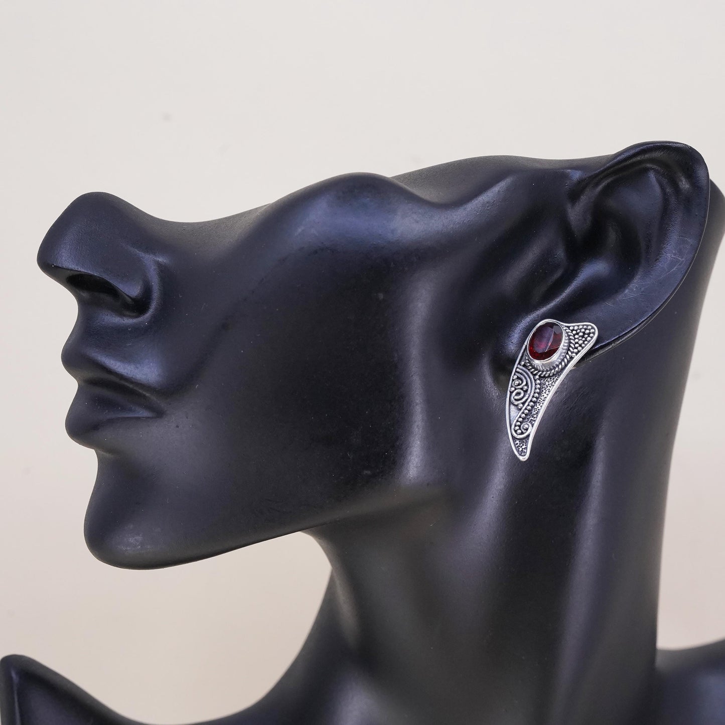 Vintage BA Suarti sterling silver handmade single earring, 925 heart studs ruby