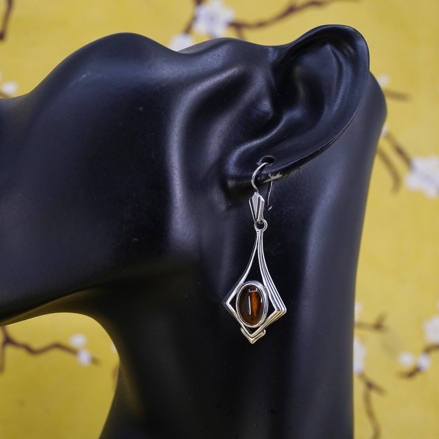 Vintage Sterling 925 silver handmade earrings with oval amber dangle