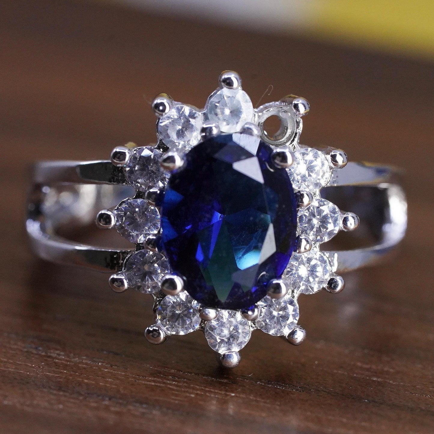 Size 7, Vintage Sterling Silver 925 Blue Sapphire Halo Ring, Oval CZ Cluster