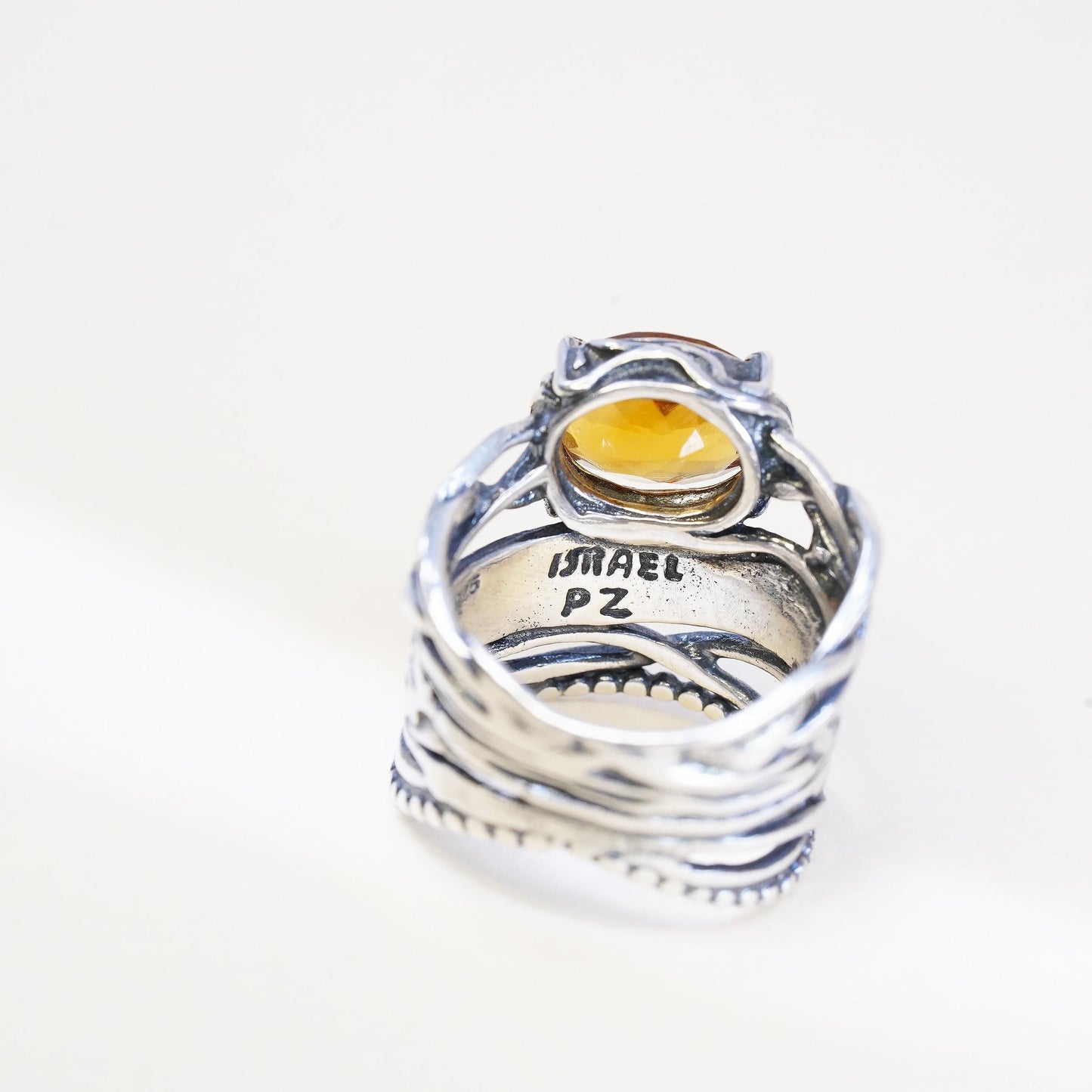 Size 6, VTG Israel PZ Israel Sterling Silver Oval Citrine Ring, Leaf Vine Band