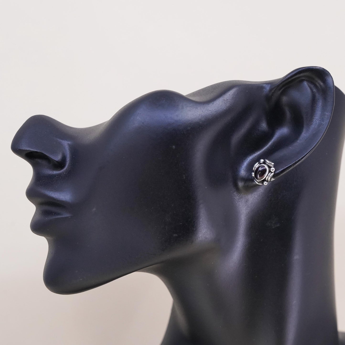 Vintage handmade single earring. Sterling 925 silver stud with garnet