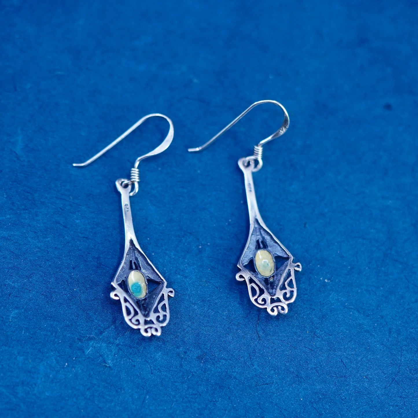 Vintage Sterling 925 silver handmade filigree earrings with turquoise