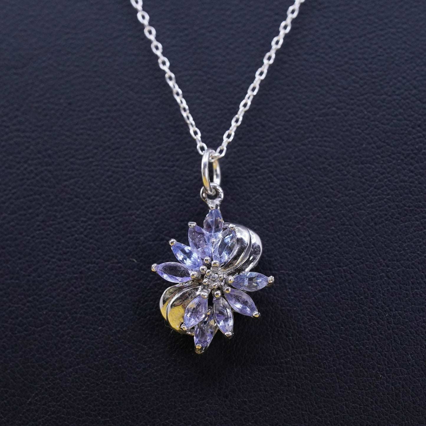 18" Sterling silver handmade necklace, 925 circle chain amethyst flower pendant