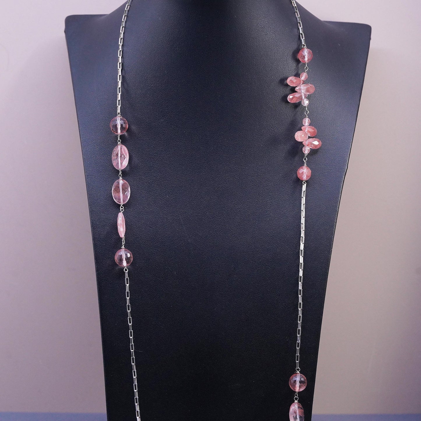 34", Sterling 925 Silver extra long necklace, elongated chain rose pink Quartz