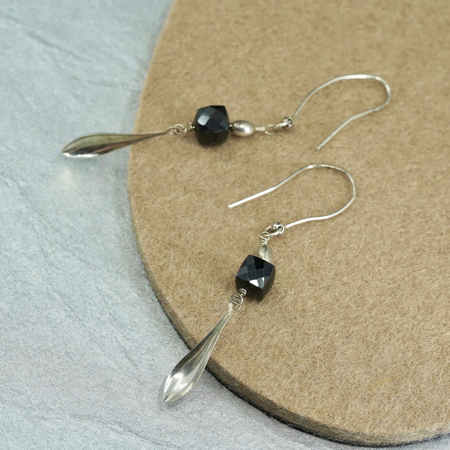 Vintage Sterling 925 silver handmade rectangular earrings with obsidian