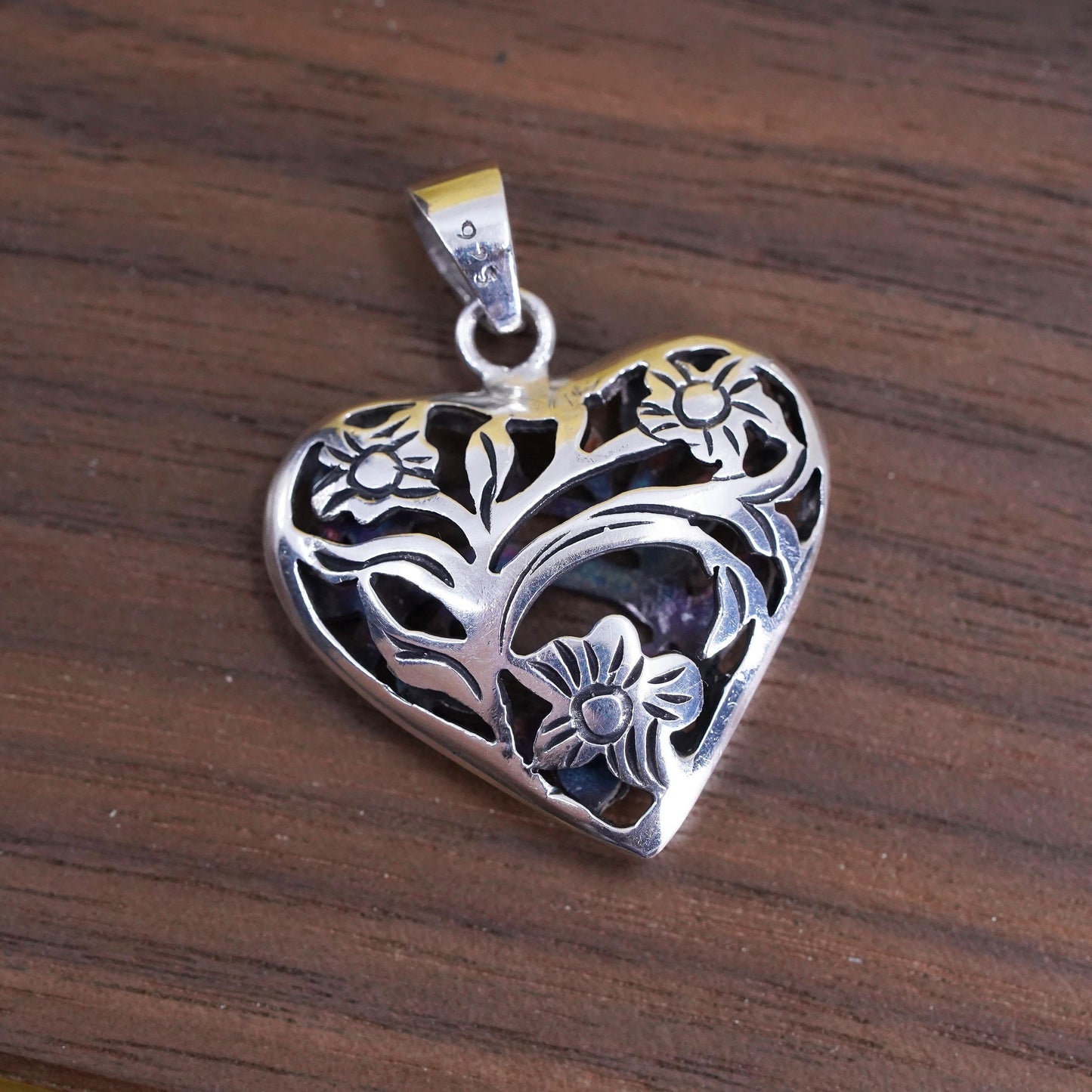 Vintage Sterling silver handmade flower pendant, puffy 925 heart charm