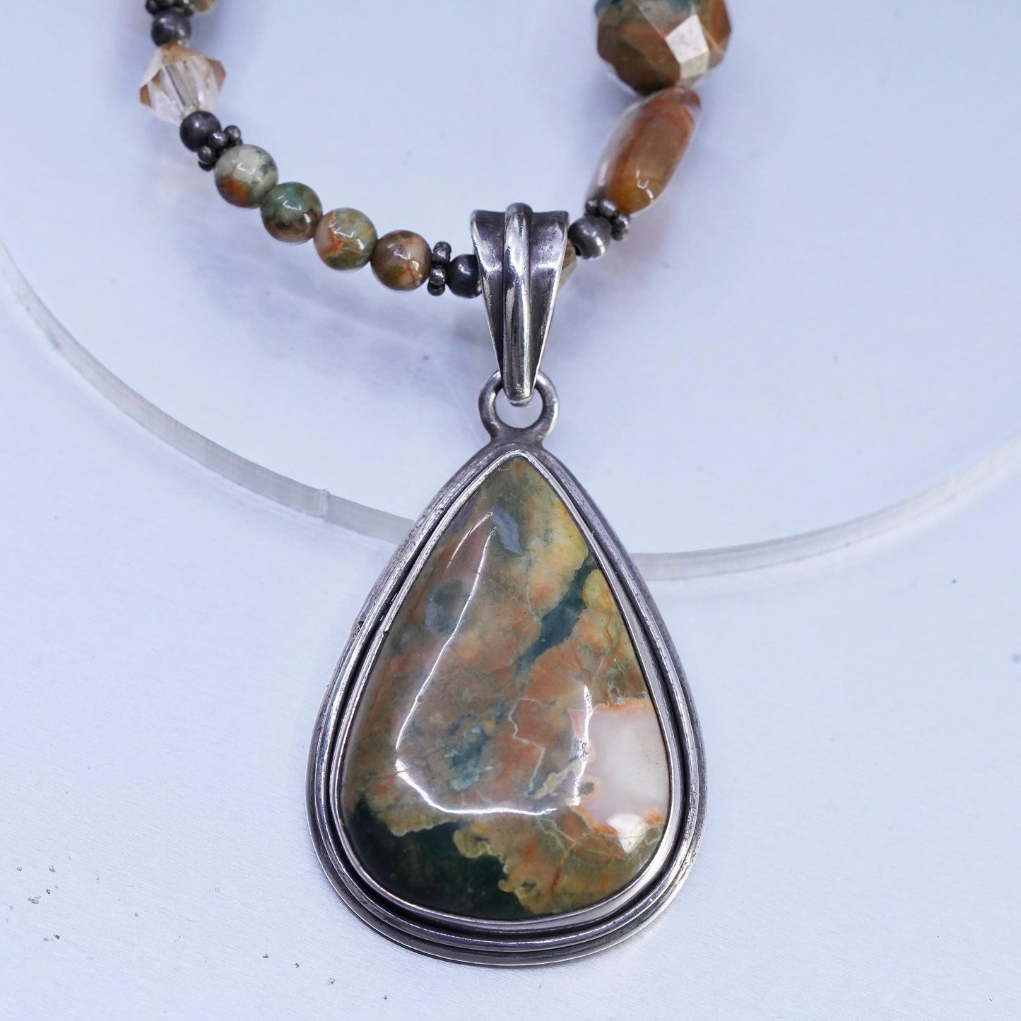 22” Sterling 925 Silver rainforest jasper beads necklace with teardrop pendant