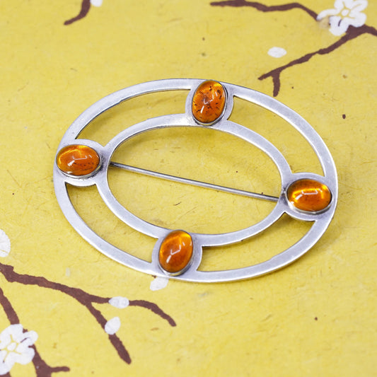 Vintage handmade sterling silver brooch, 925 silver oval with amber details