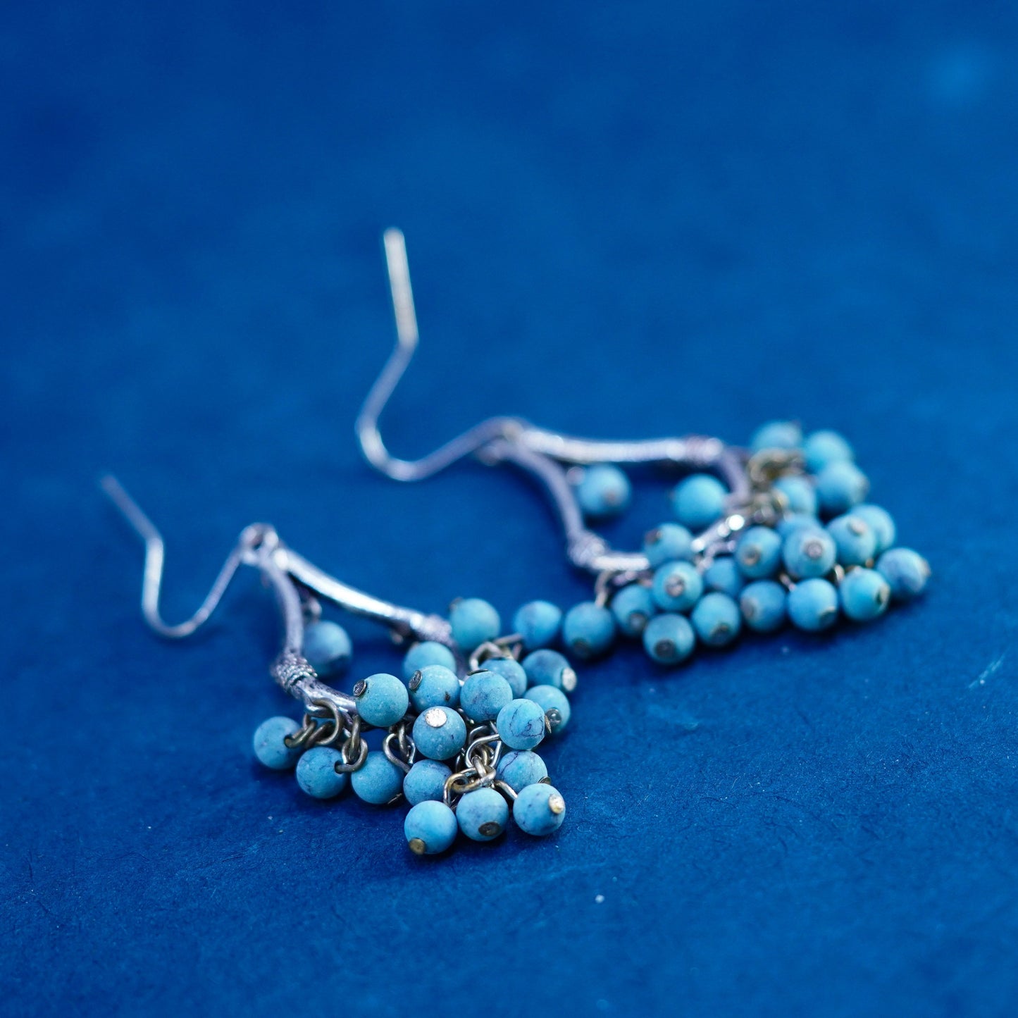 Silver Tone handmade earrings with cluster turquoise beads