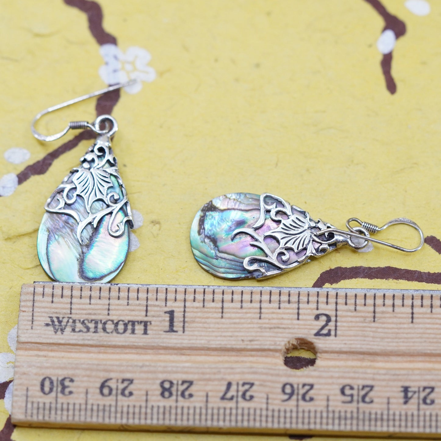 Vintage Sterling 925 silver handmade earrings with teardrop shaped abalone