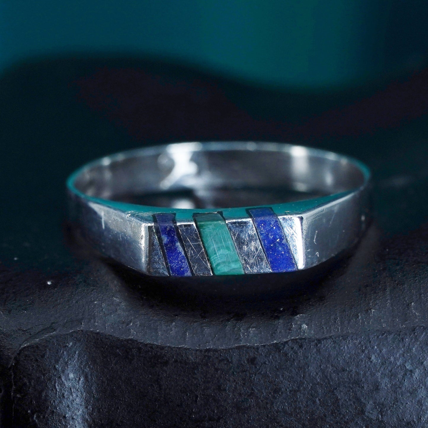 Size 8.5, Mexico sterling 950 silver handmade ring with lapis lazuli malachite