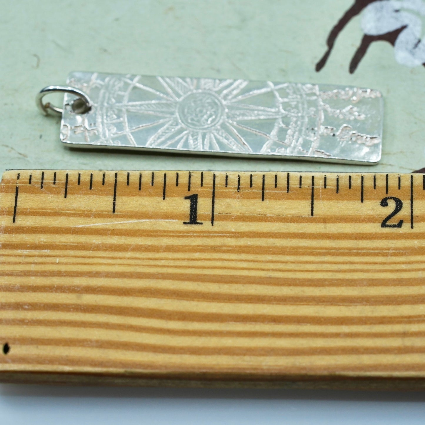 Vintage sterling silver handmade pendant, 925 rectangular tag embossed compass