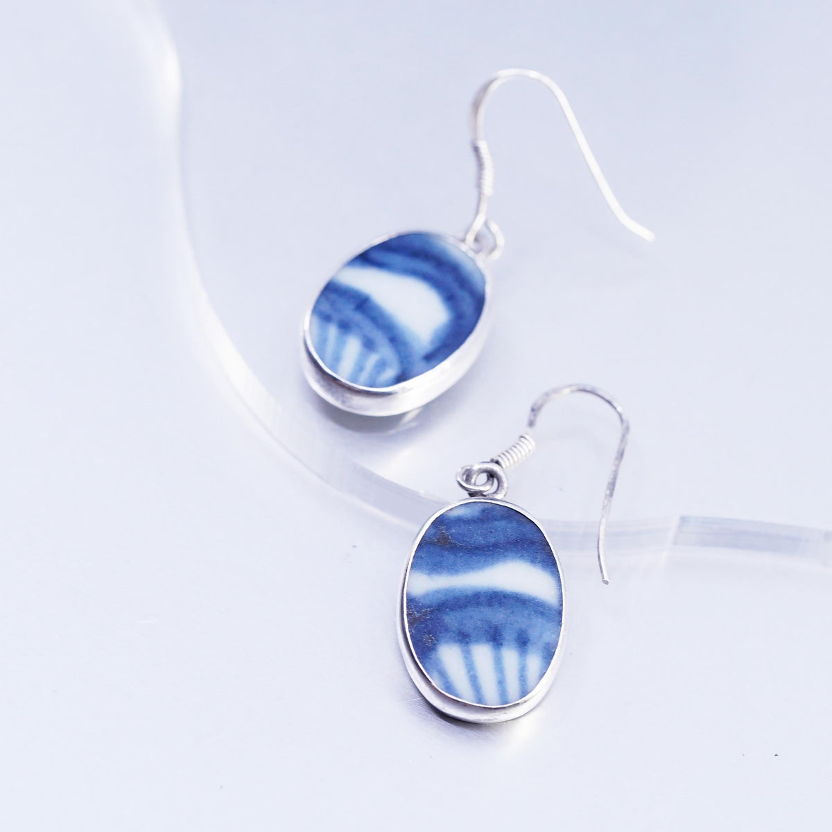 VTG Blue White Porcelain Shard Earrings, Sterling Silver 925, Ceramic Dangles
