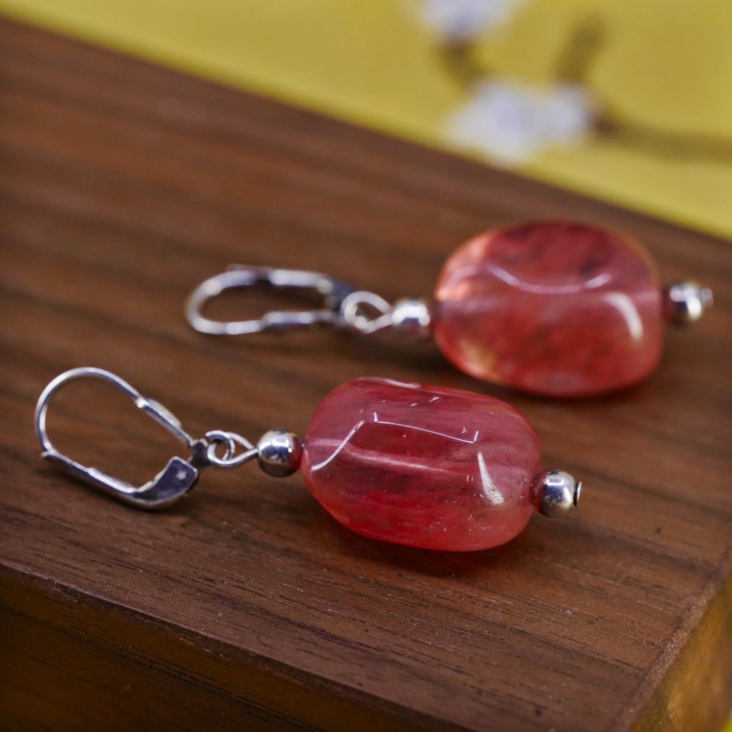 Vintage Sterling 925 silver handmade earrings with pink cherry quartz