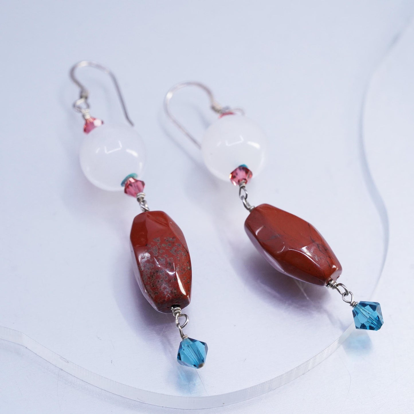 Vintage Sterling Silver Handmade Earrings, 925 Silver Hook with Jasper nuggets