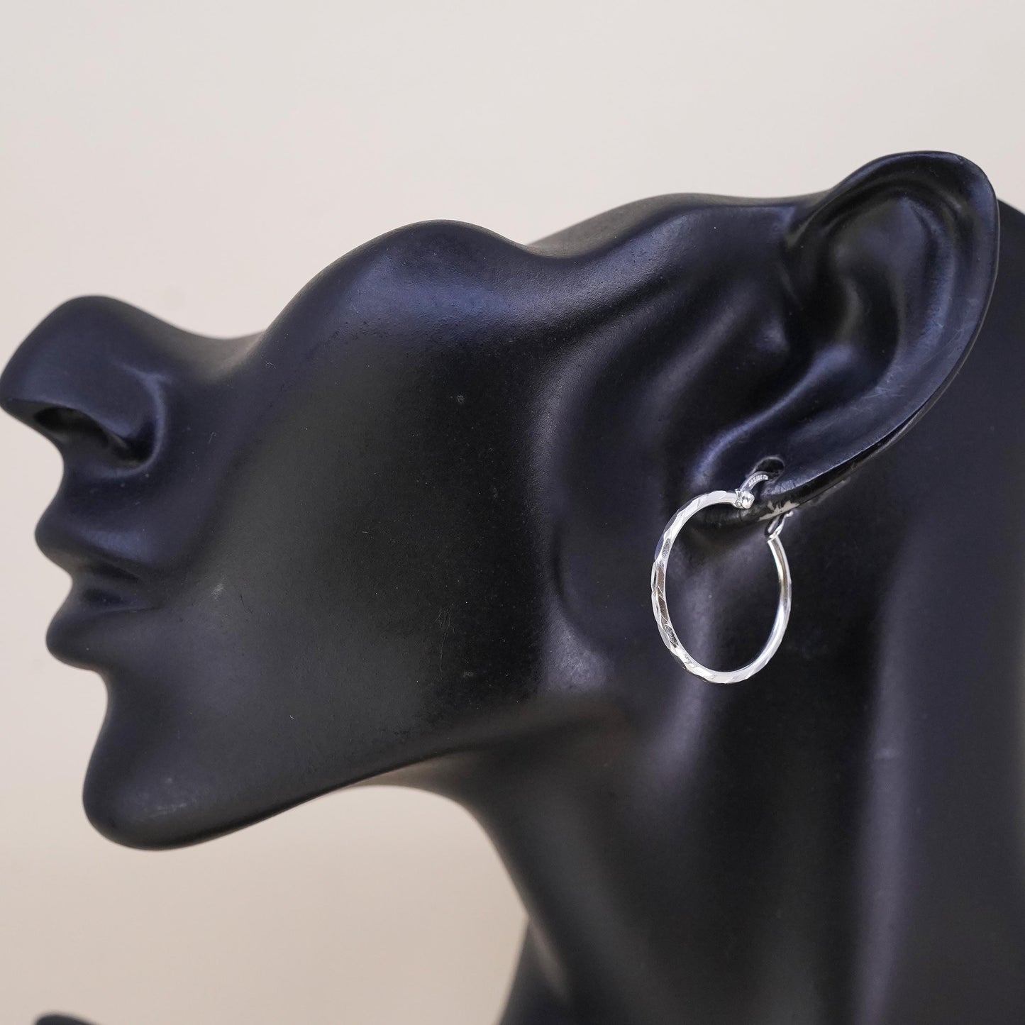 1", Vintage sterling silver loop single earring, textured minimalist hoop