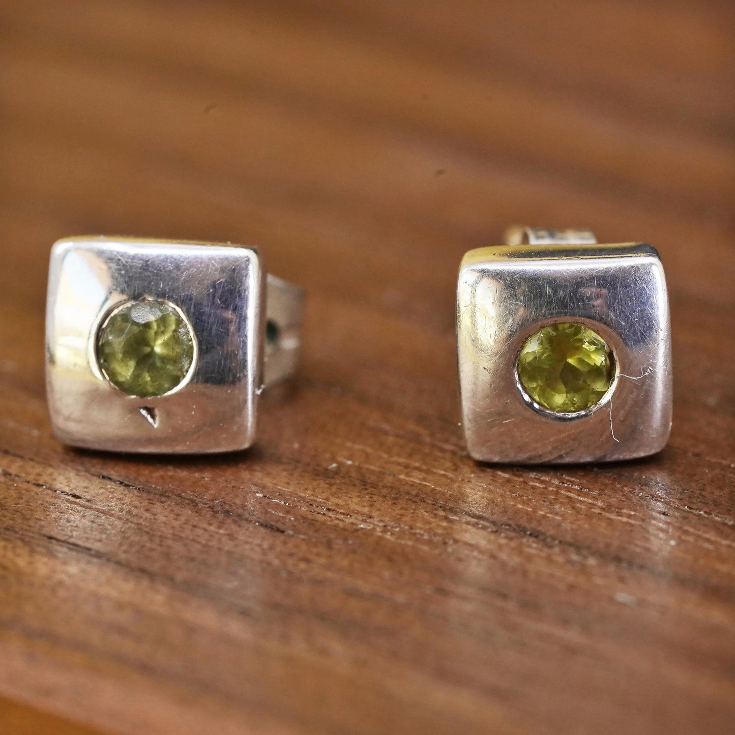 Vintage Sterling 925 silver peridot square studs, earrings