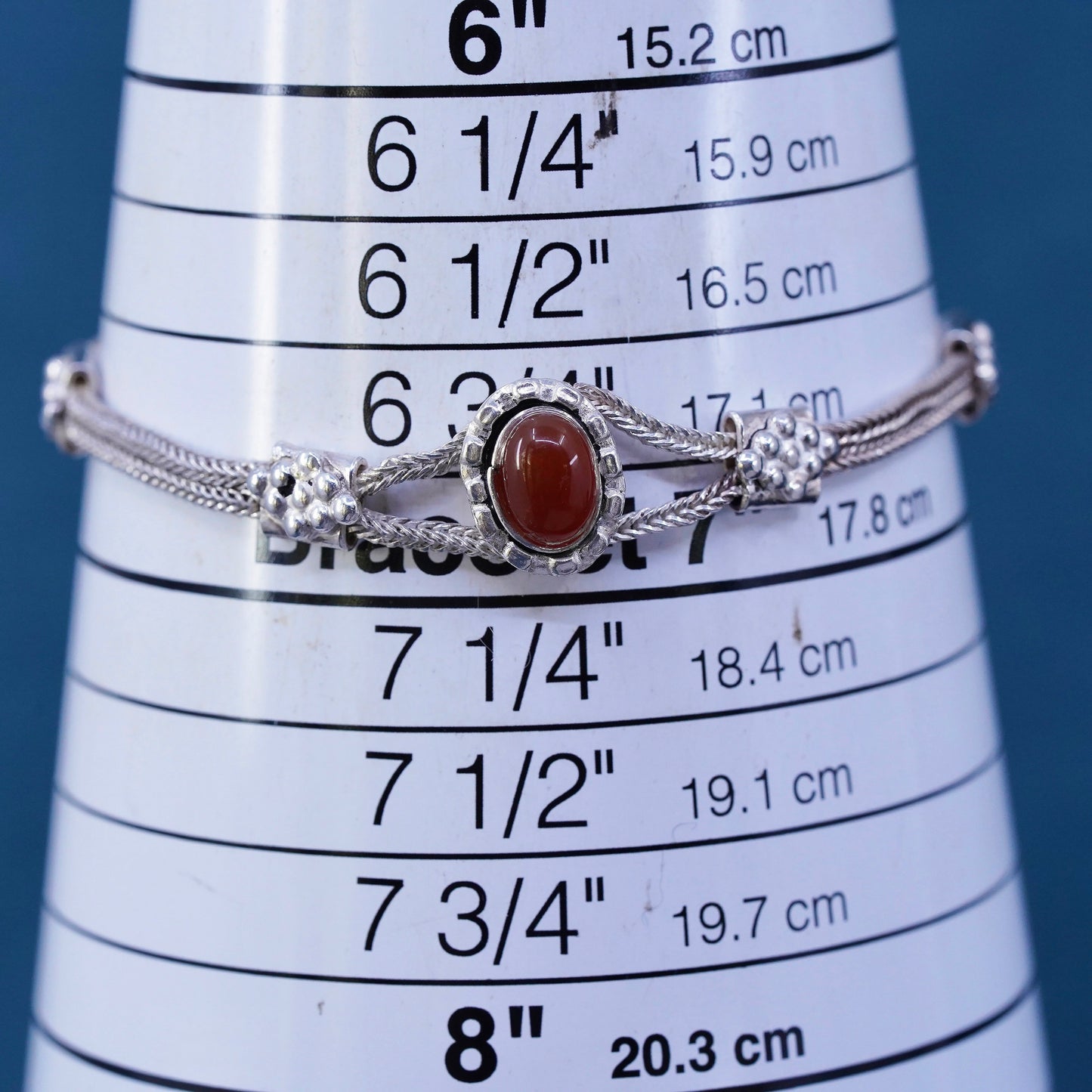 7”, vintage Sterling silver handmade bracelet, 925 wheat chain with carnelian