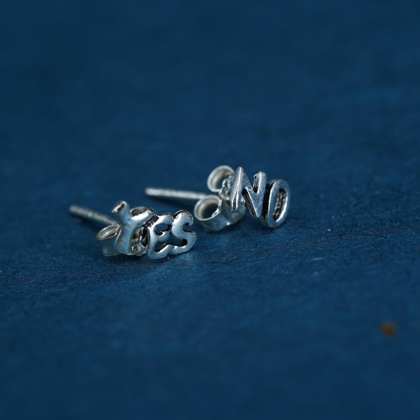 vintage sterling silver handmade earrings, 925 “yes no” studs