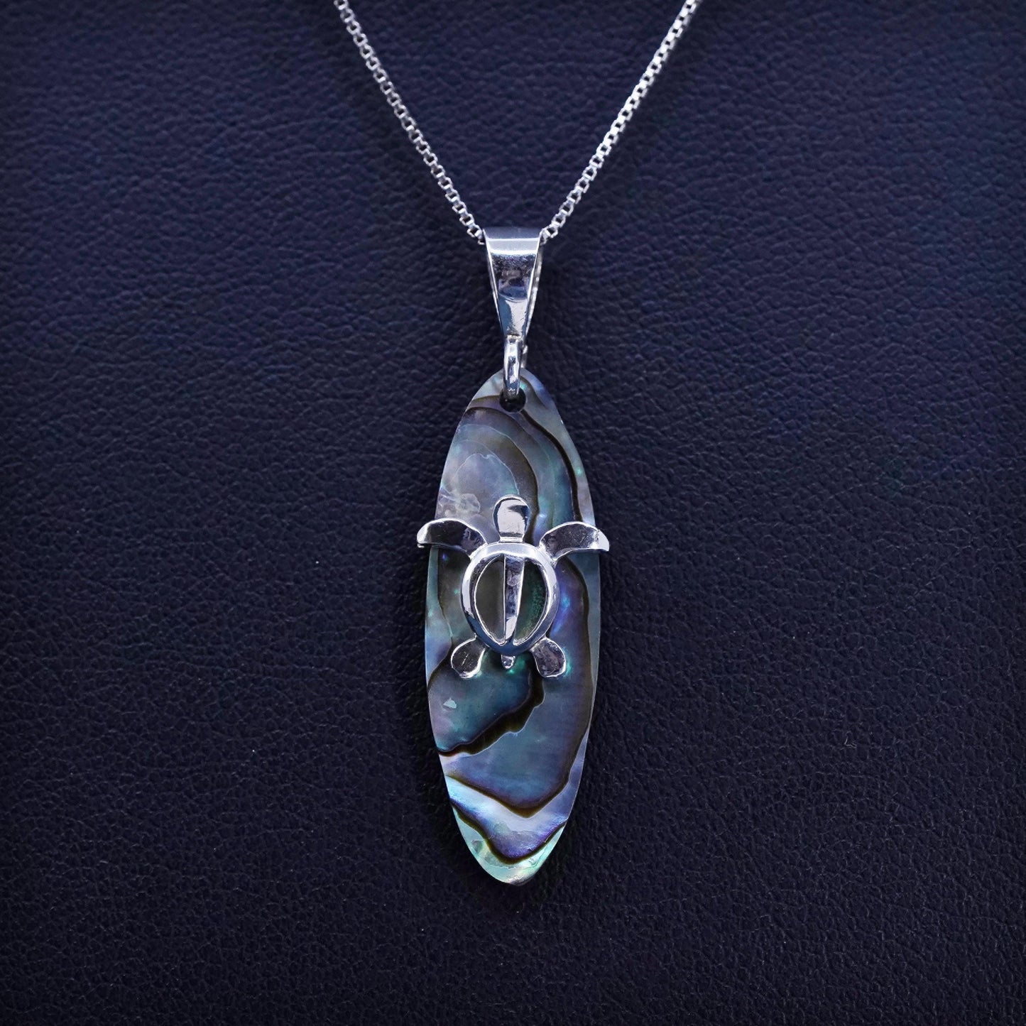 16”, vintage Sterling 925 silver circle chain necklace abalone turtle pendant