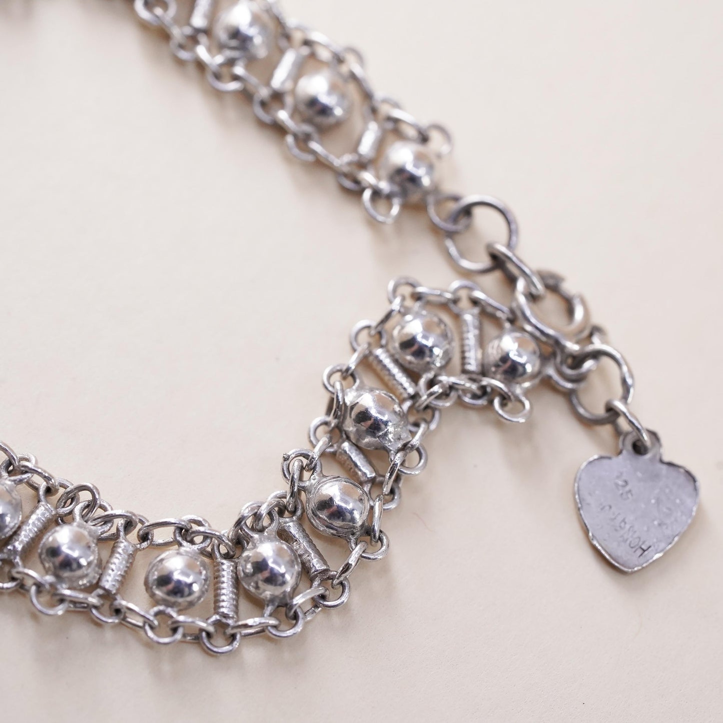 7.5”, Vintage sterling silver handmade bracelet, 925 snake chain with 3mm beads