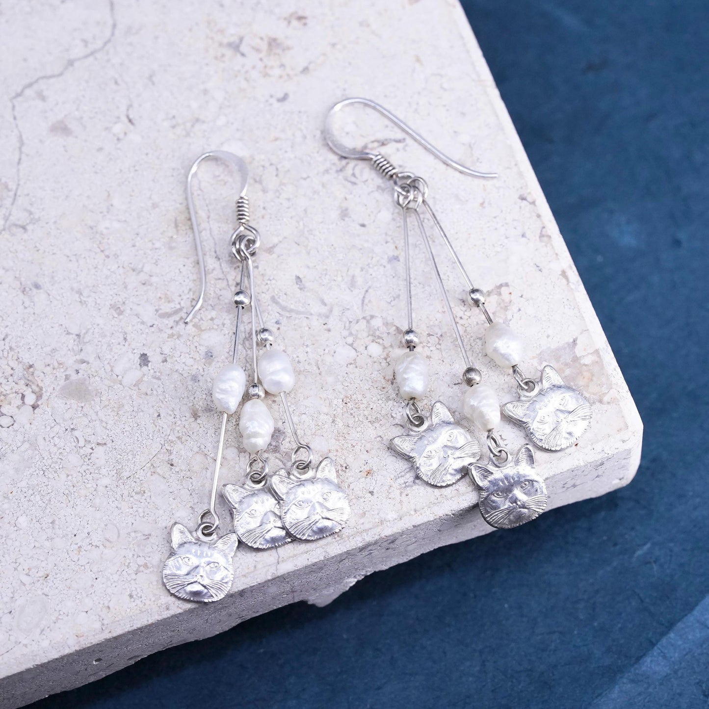 Vintage Meow sterling silver handmade earrings, 925 cat dangles and pearls
