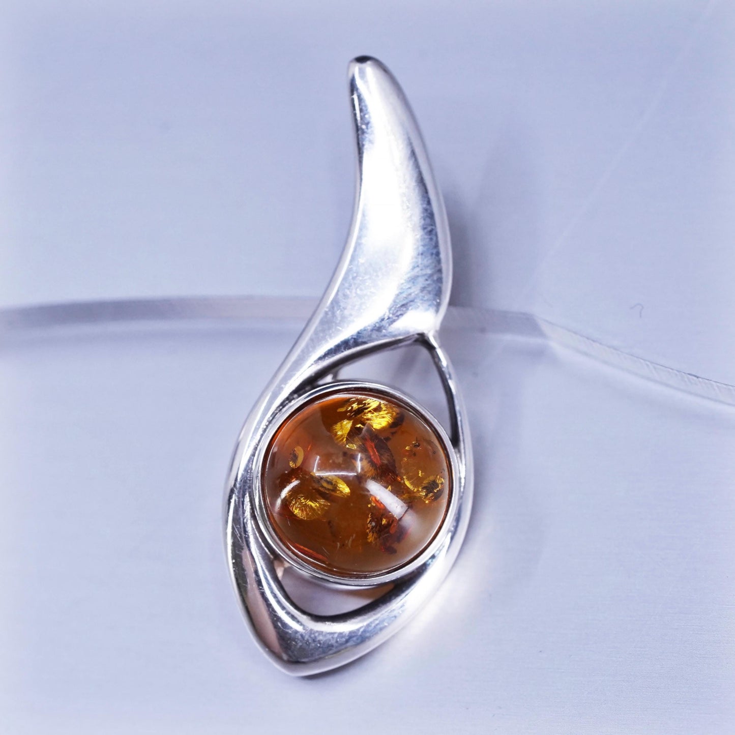 Vintage modernist Sterling 925 silver handmade brooch, pin with amber