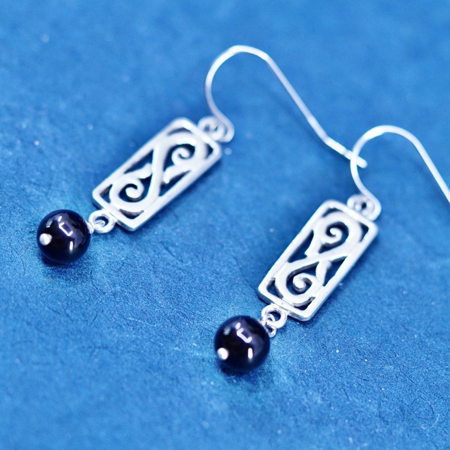 Vintage sterling 925 silver handmade filigree earrings with obsidian beads