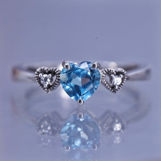 size 7, vintage Sterling Silver 925 Ring engagement TOPAZ ring, heart with cz