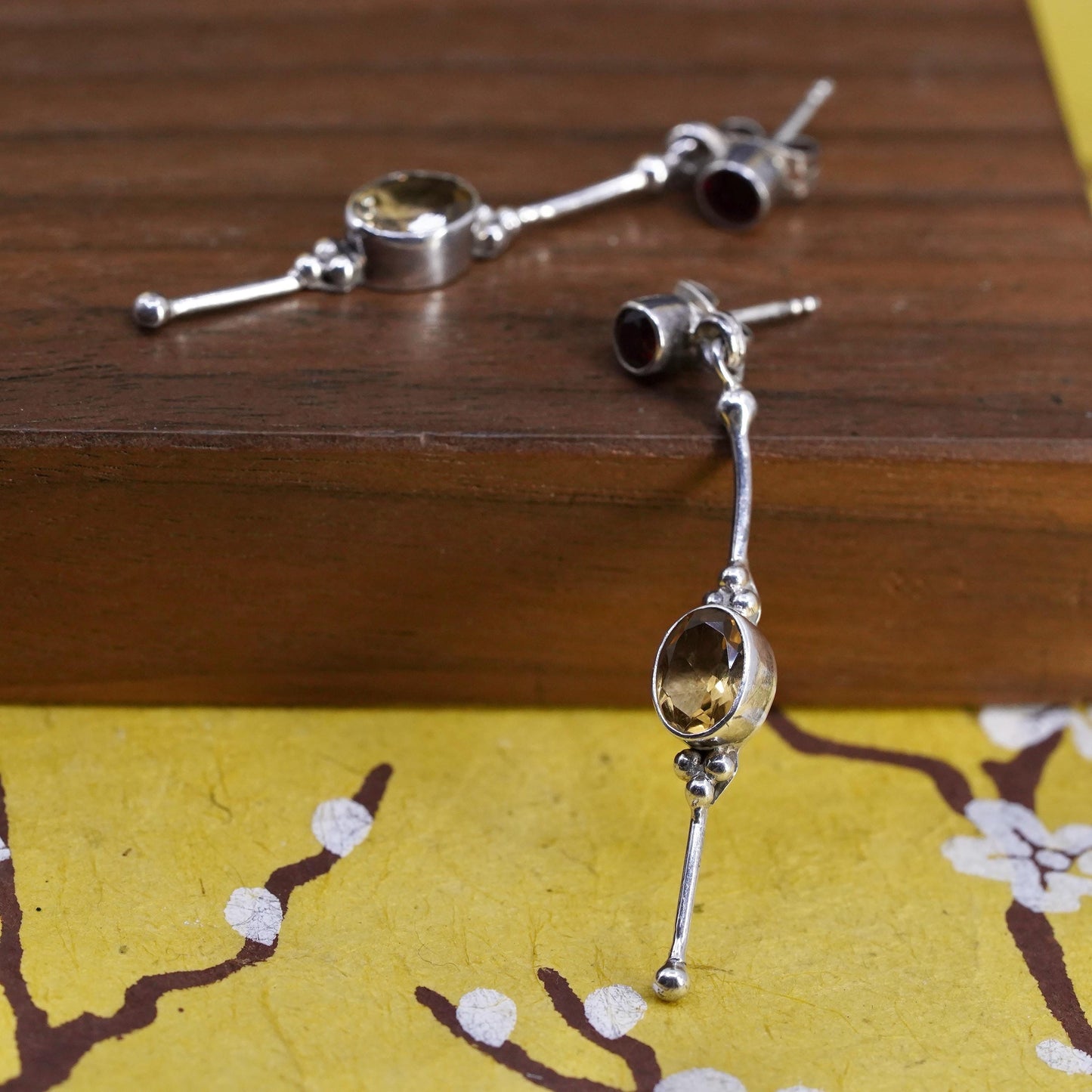 Vintage Sajen sterling 925 silver handmade long earrings with citrine
