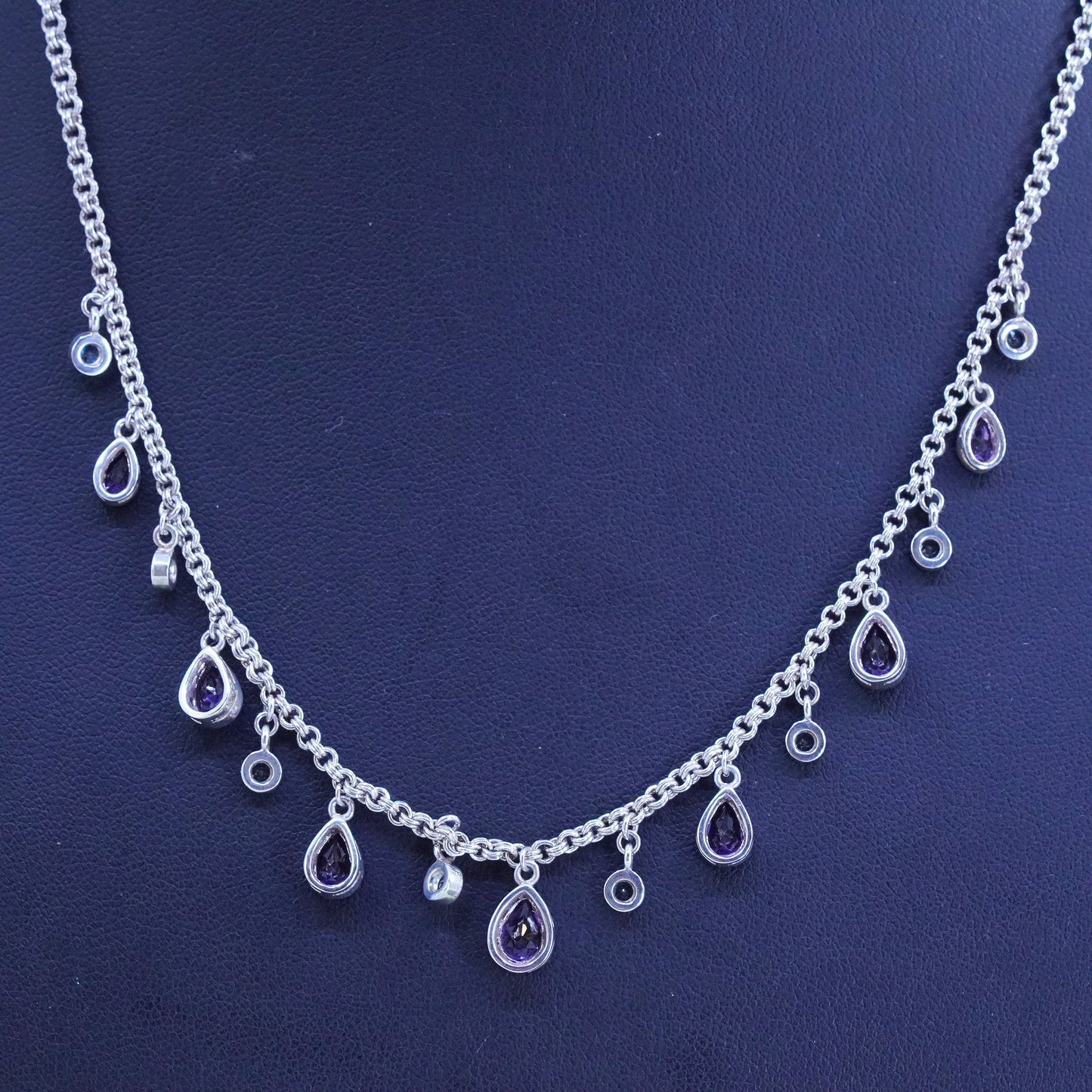 16+2", veg Sterling 925 silver handmade necklace with teardrop amethyst pendant