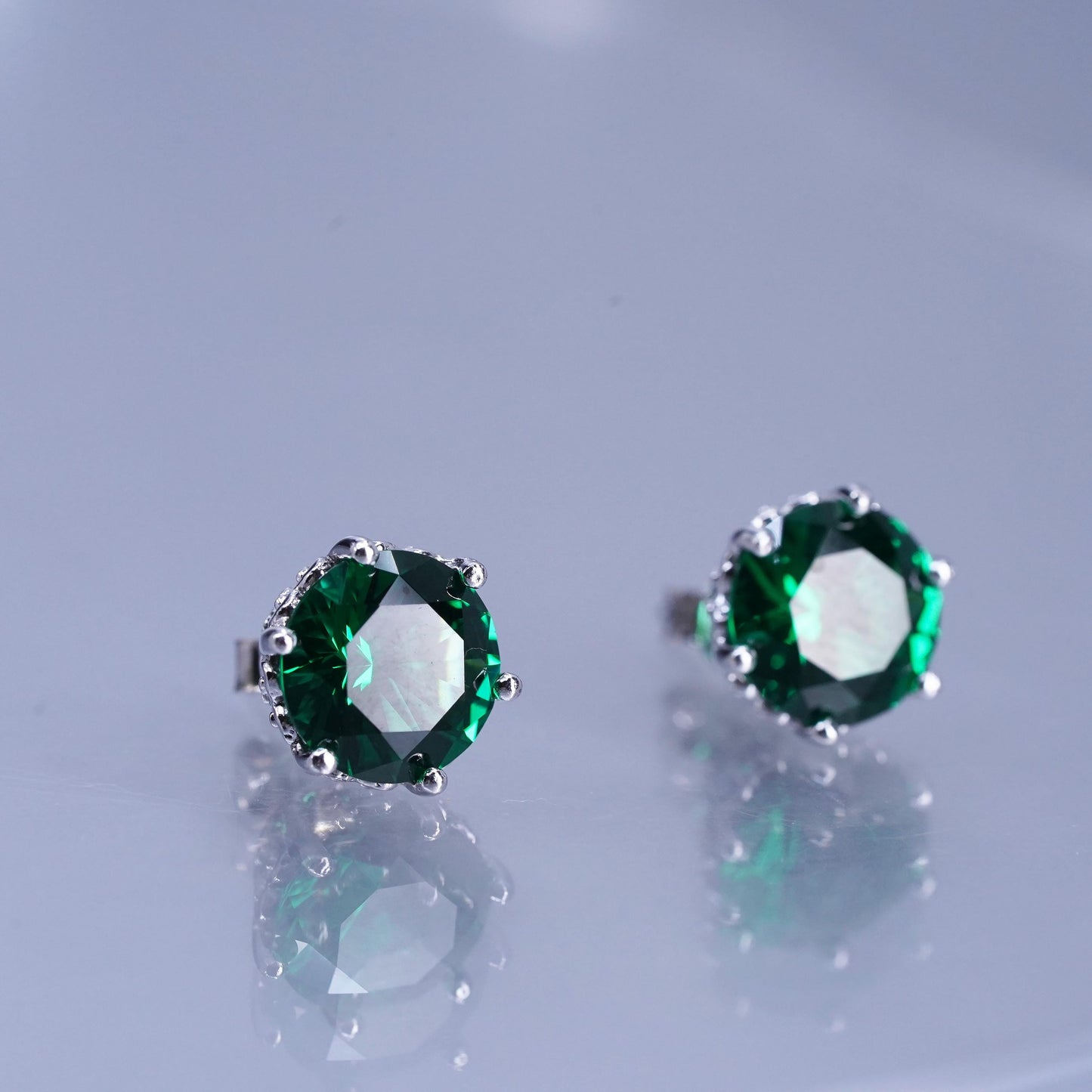 Vintage Sterling 925 silver handmade earrings, studs w/ emerald cz on the side