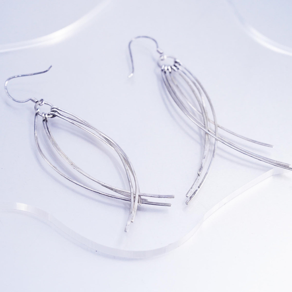 Vintage Sterling Silver 925 Long Dangle Earrings Multi Strand Curved Wire Drops